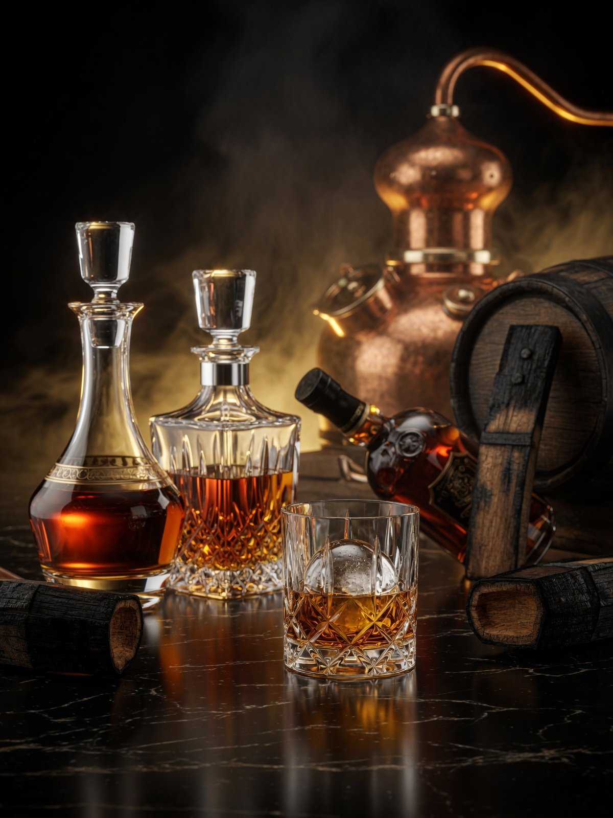 Luxury whisky bottles and crystal glasses